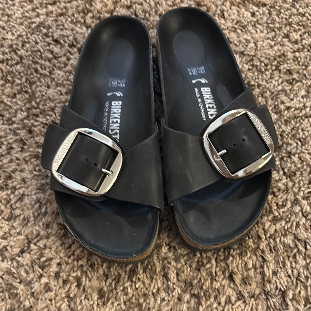 Birkenstock Black Sandals with Metallic Buckle